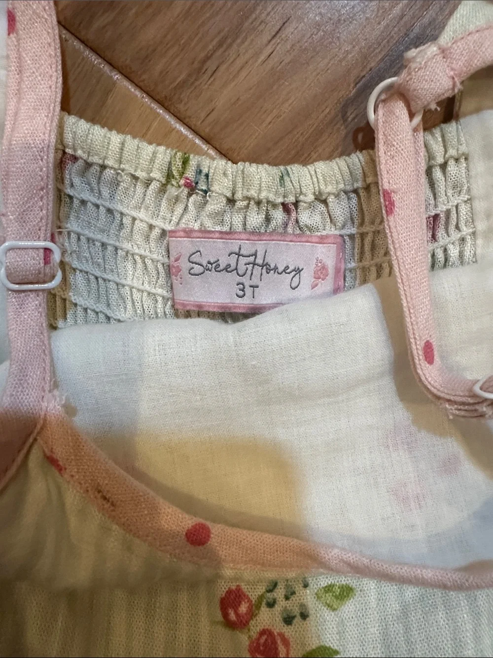 SweetHoney Cream Dress with Pink Trim and Floral Accents
